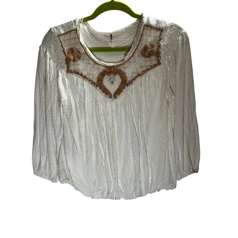 Free People Begonia Embroidered Blouse White Mauve Boho Smocked Small